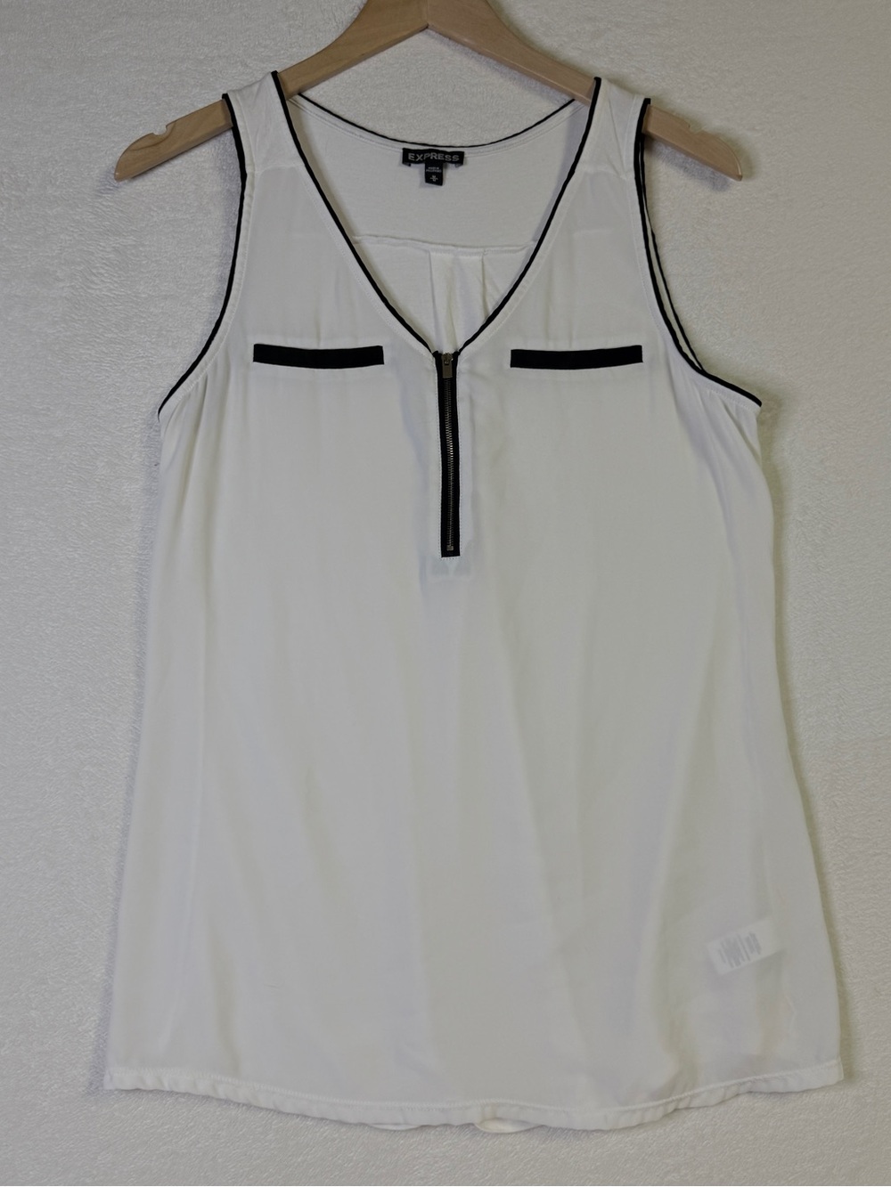 Express Women’s White Sleeveless Zip-Front Blouse with Black Trim
